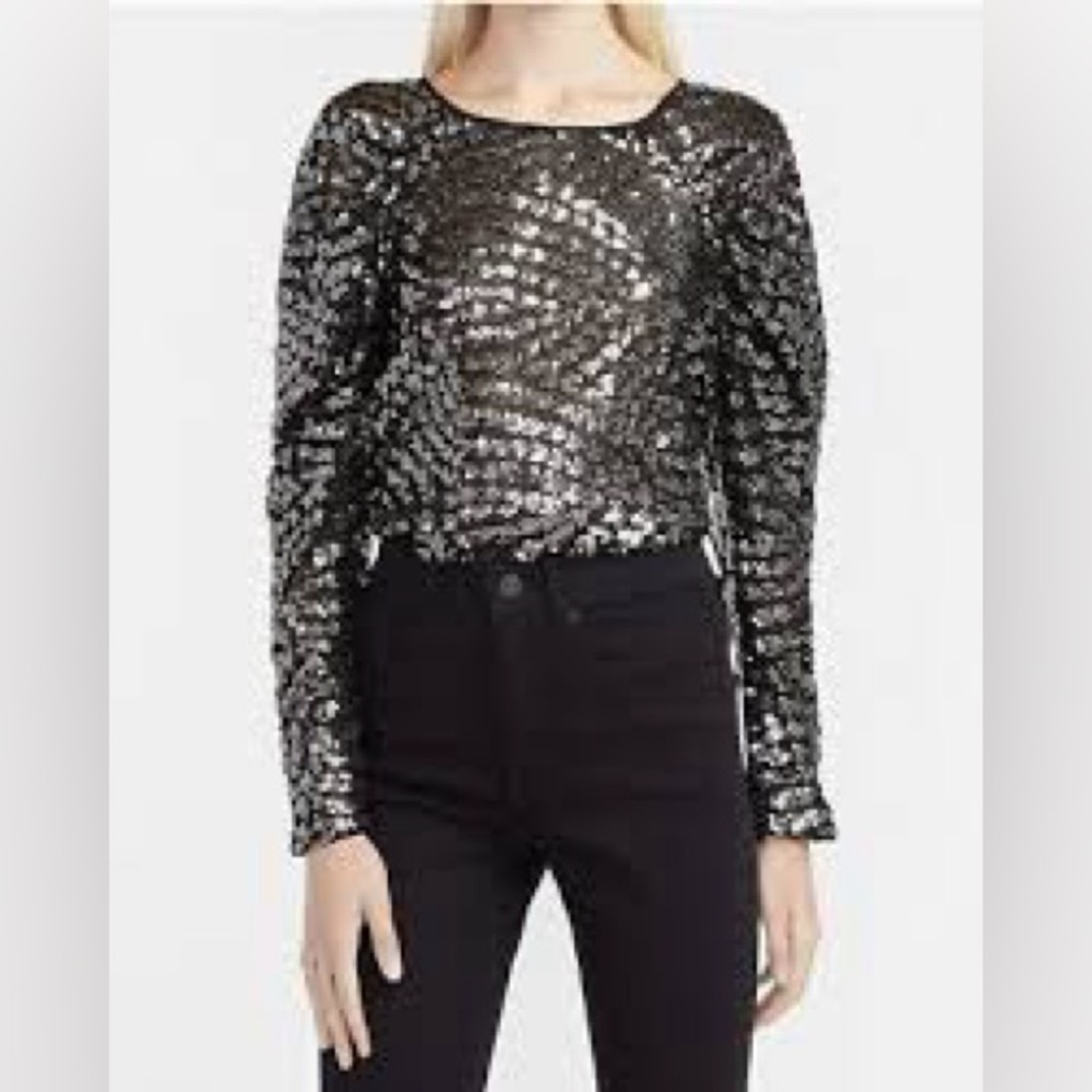 Express black sequin puff pouched long sleeve top shirt holiday party cocktail